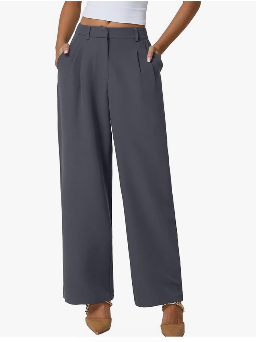 Qinsen Wide Leg High-Waist Dress Pants in Charcoal Gray